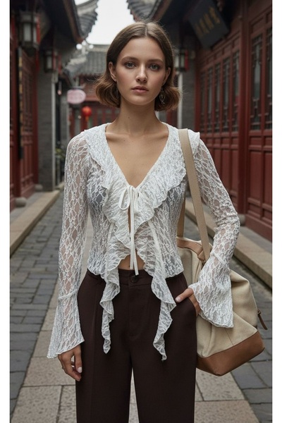 SiaLess Lingerie بودي نسائي شفاف بأكمام طويلة باللون الأبيض الكريمي الفاتح قم...