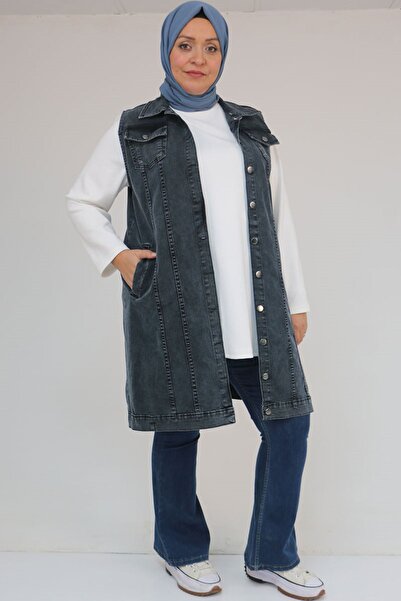 Eslina 44002 Plus Size Double Pocket Denim Vest - Snow Wash Black