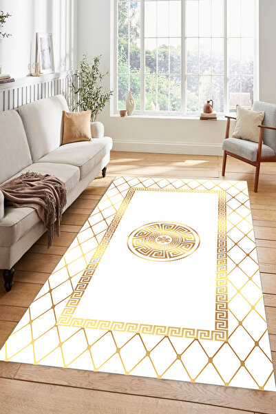 Kessy Home Studio Avangard Krem Gold Çerçeveli Salon Halısı Dijital Baskı Mak...