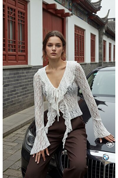 SiaLess Lingerie Блуза с дълъг ръкав от ликра и дантела, елегантна, за ежедне...