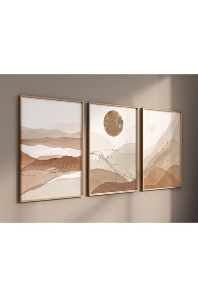 NinaStore Nötr Soyut Manzara Baskı Seti: Bej Toprak Tonları Bohem Dekoru