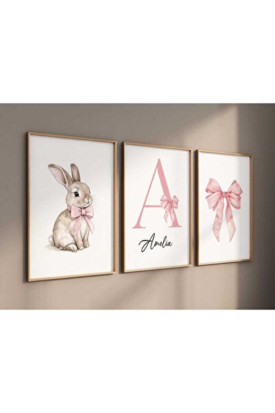 NinaStore Tavşan Kreş Sanat Seti: Pembe Fiyonk, Kişiselleştirilmiş İsim Baş H...