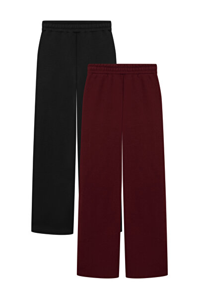 veres Women's Black and Burgundy Two-Piece High-Waisted Winter Fleece-Lined Wide-Leg Sweatpants with Stitched Cuffs
