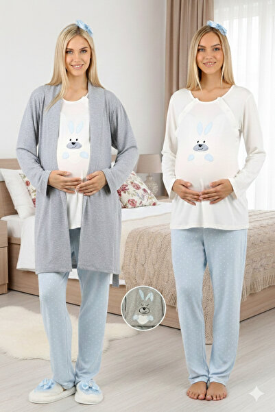 Lohussa Blue Rabbit Patterned Shawl Collar Gray Long Dressing Gown Maternity ...
