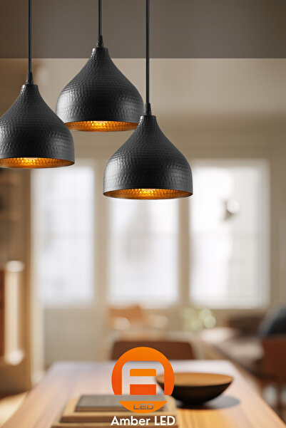 AmberLED Modern Metal Gövdeli 3'lü Tepsi Sarkıt Siyah Yatak Odası ve Salon Ay...