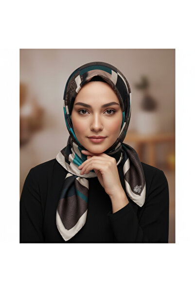 Levidor %100 Twill İpek Eşarp - Turkuaz-Kahverengi (Pure Silk, 90x90, Kaymaz Yapı)