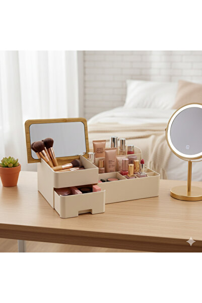 Saros Group منظم مكياج بمرآة وغطاء من الخيزران - منظم مستحضرات تجميل وفرشاة م...