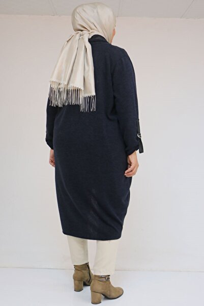 Eslina 33056 Large Size Honeycomb Knitwear Waterport Detailed Jacket - Navy Blue