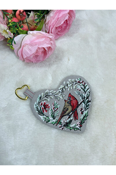 CIGDEMCALISKAN Cardinals in Love - Aşık Kuşlar Nakışlı Mini Kalp Cüzdan
