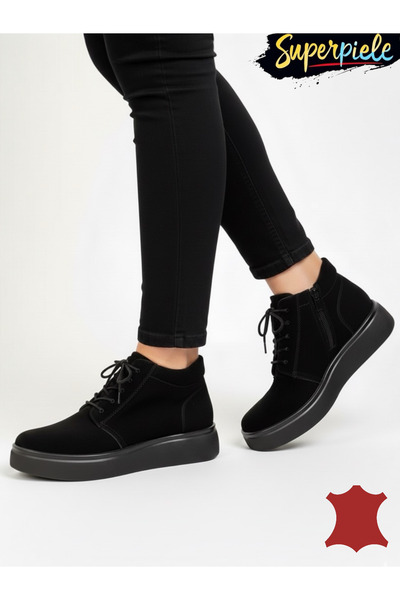 piele naturala Women's short suede leather boots, lined, zipper closure