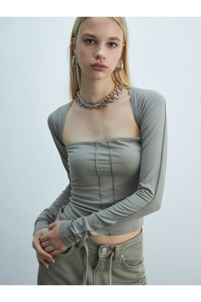 Ltb Strapless Long Sleeve Crop Anthracite Sweatshirt