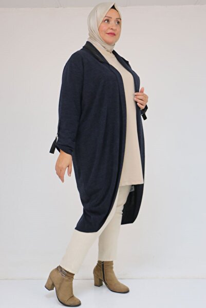 Eslina 33056 Large Size Honeycomb Knitwear Waterport Detailed Jacket - Navy Blue