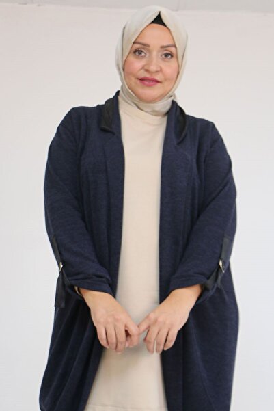 Eslina 33056 Large Size Honeycomb Knitwear Waterport Detailed Jacket - Navy Blue