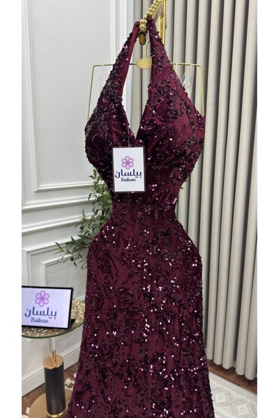 Bailsan فستان طويل مخمل مع ترتر