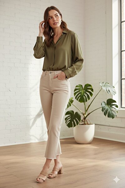 katalya Cream High-Waisted Long-Length Women's Pants