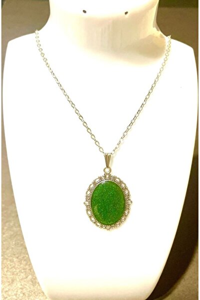 ak-ha takı tasarım antik tonlu simli krom kaplama gümüş oval bezel tepsi kolye.