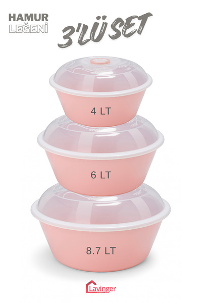 Lavinger Ev Gereçleri Kapaklı Hamur Leğeni Un Kabı Çok Amaçlı 3'lü Set 4, 6 ve 8 Litre