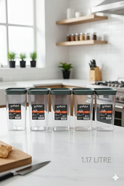 Gondol Plastik 5'li Vinto Erzak Saklama Kabı (5x1.17 Litre) &Kare Bakliyat Sa...