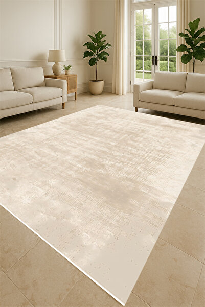 Kessy Home Studio Sade Bej Salon Halısı Dijital Baskı Makinede Yıkanabilir Ka...