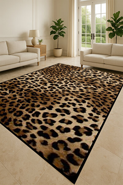 Kessy Home Studio Lüks Leopar Desenli Modern Salon Halısı Dijital Baskı Makinede Yıkanabilir Kaymaz Taban Leke Tutmaz