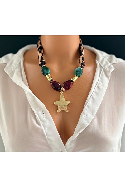 Limi Design قلادة بنمط الفهد مع إكسسوارات نجمية - قلادة باندانا - قلادة وشاح