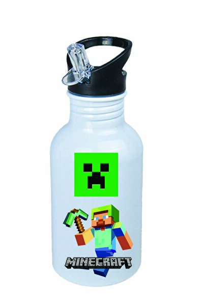 DKDZ SHOP Minecarfttt Baskılı Pipetli Beyaz Metal Suluk - 600ml