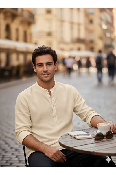 A&O Style Ανδρικό πουκάμισο oversized με μακρυμάνικο λινό πουκάμισο με μισό κουμπί με μακρύ μανίκι