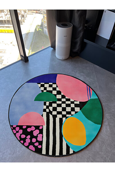 Rugs Modern Halı Bliss Round Checkerboard and Multi-Colored Abstract Pattern Woven Base Round Rug Bliss930