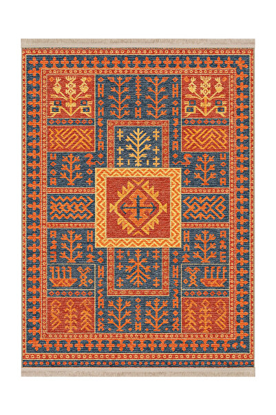 Rugs Modern Halı MOSSO Πορτοκαλί Γκρι Εθνοτικό Σχέδιο με Κρόσσια Υφαντή Βάση ...