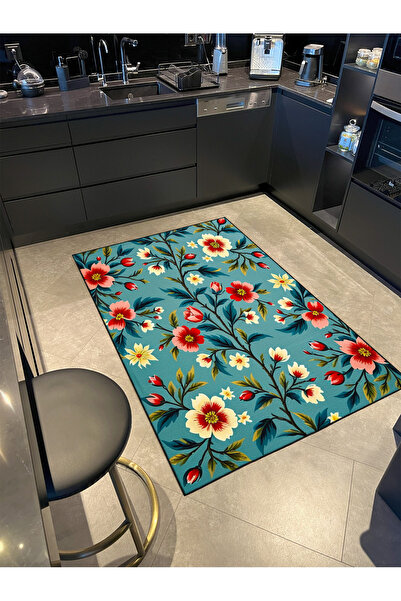 Rugs Modern Halı Paris Koleksiyonu Mavi Tema Kırmızı Çiçek ve Gül Desenli Kre...