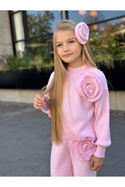 KOKOŞ BEBEK Rose Detailed Girls' Knitwear Set - 3 Pieces – Top + Pants + Hair Accessory - Age 3/12 - 31581