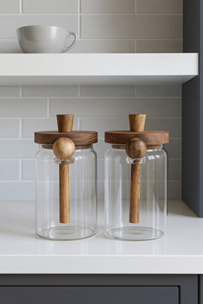 Paşabahçe 2'li Akasya Kapaklı Kaşıklı Vakumlu Cam Kavanoz Seti-Mutfak Düzenleyici Set (750ml)