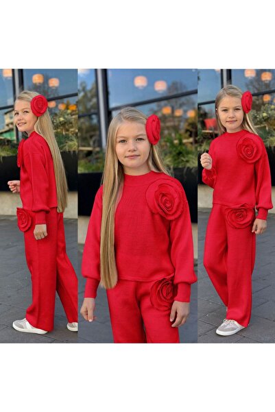 KOKOŞ BEBEK Rose Detailed Girls' Knitwear Set - 3 Pieces - Top + Pants + Hair Accessory - Age 3/12 - 31581