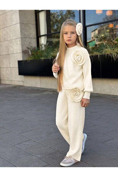 KOKOŞ BEBEK Rose Detailed Girls' Knitwear Set - 3 Pieces – Top + Pants + Hair Accessory - Age 3/12 - 31581