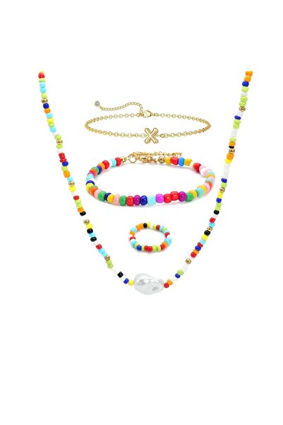 OEM Jewelry set with multicolored beads, 1 necklace, 2 bracelets, 1 ring, letter X