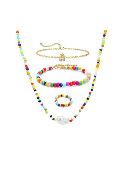 OEM Jewelry set with multicolored beads, 1 necklace, 2 bracelets, 1 ring, letter S