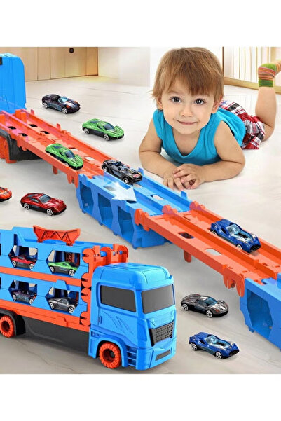 Generic Children's transport truck toy set, 6 metal cars and a foldable storage transport truck,Blue