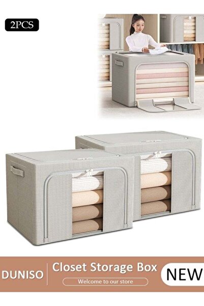 DOMEET 2 Pack 100 L Closet Storage Box with Metal Frame, Stackable Flodable Closet Container Organizer with