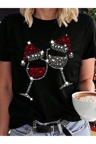 EYMORA Christmas Themed Graphic Print Christmas Flower Crew Neck Short Sleeve T-Shirt