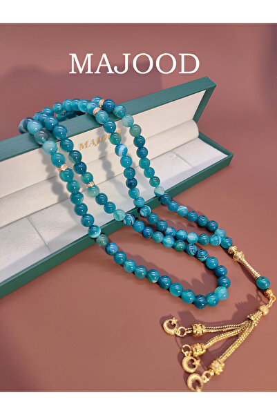MAJOOD 99 Real Peacock Blue Textured Agate Prayer Beads/Tasbih/8MM/For Men And Women