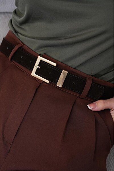 MODAM HİFA Square Gold Buckle Suede Women's Belt Trouser Belt Dress Belt Waist Belt Body Belt Shirt