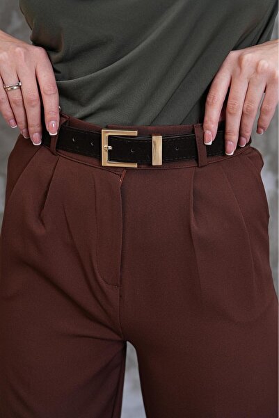 MODAM HİFA Square Gold Buckle Suede Women's Belt Trouser Belt Dress Belt Waist Belt Body Belt Shirt