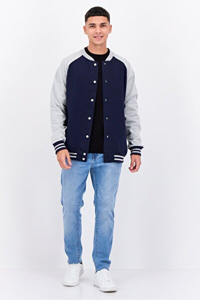 fleece factory Men Stand Collar Two Tone Long Sleeves Sweatshirt, Light Grey/Navy