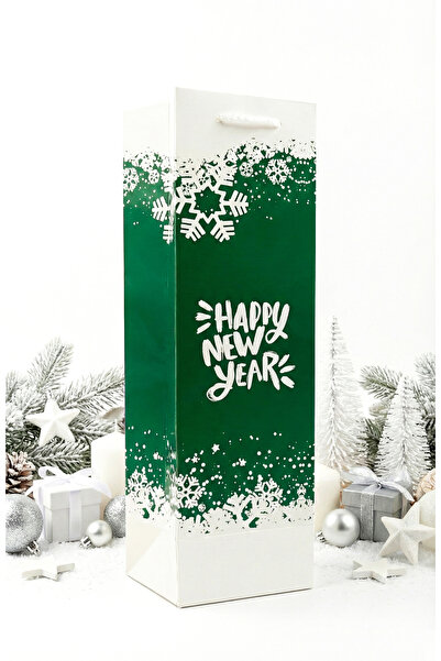 repro design Şişe Boy Yeşil Karton Çanta 12x38x8 cm | Happy New Year Baskılı Hediye Çantası – 1 Adet
