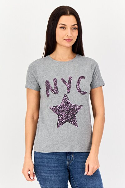 JDY Women Crew Neck Short Sleeve Graphic T Shirt, Grey