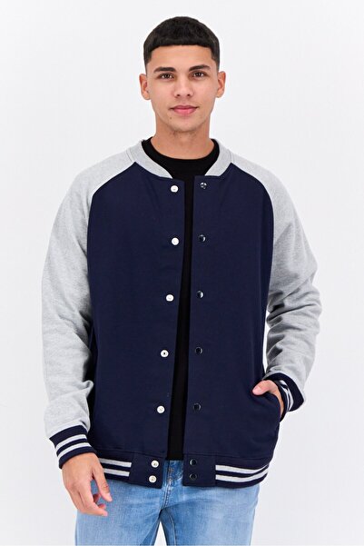 fleece factory Men Stand Collar Two Tone Long Sleeves Sweatshirt, Light Grey/Navy