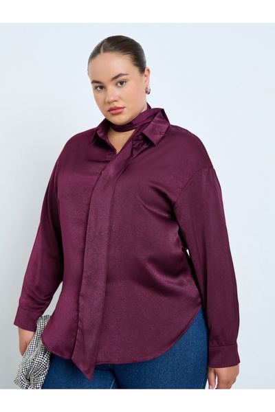 Styli Plus Size Burgundy Satin Shirt