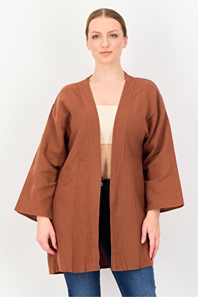Bianco Lucci Women Open Front Solid Kimono Kaftan, Brown