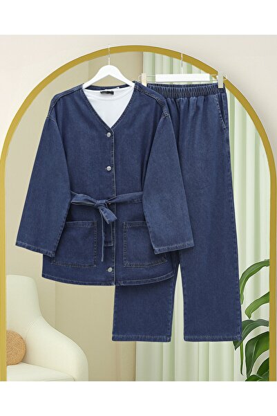 HİJABAYA Τζιν κοστούμι με κουμπιά μπροστά, διπλές τσέπες και ζώνη