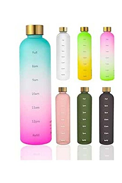 Arabest Gradient Blue Pink 1000ml water bottle with drinking time mark, with shoulder strap